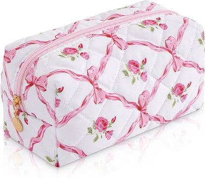 Makeup Bag Travel Toiletry Bag for Women, Small Cosmetic Bags Cute Quilted Cotton Makeup Pouch for Purse Emergency Bag for School Floral Pencil Case Accessory Bag, Bow and Floral