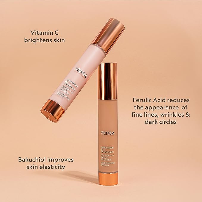 YENSA Serum Foundation Makeup - Super Silk Full Coverage Foundation Enriched with Peptides, Vitamin C & Ferulic Acid to Help Reduce Fine Lines, Wrinkles & Dark Circles - Medium 1 (1 oz)