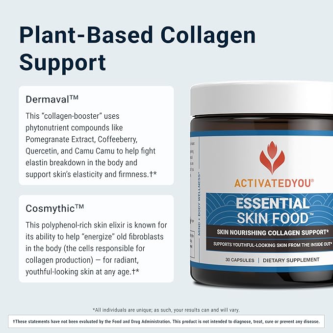 ACTIVATEDYOU Essential Skin Food, Advanced Skincare Collagen Elastin Support Supplement for Aging Skin, Helps Improve Appearance of Face Texture, Sagging w/Dermaval, Vitamin C, Lysine (30 Capsules)
