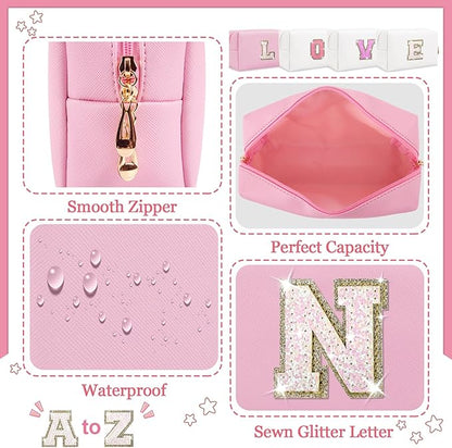 Personalized Initial Letter Makeup Bag, Small Glitter Letter Patch Cosmetic Pouch Zipper, Preppy Makeup Organizer PU Waterproof Travel Toiletry Bag, Monogrammed Birthday Gift for Women Girls