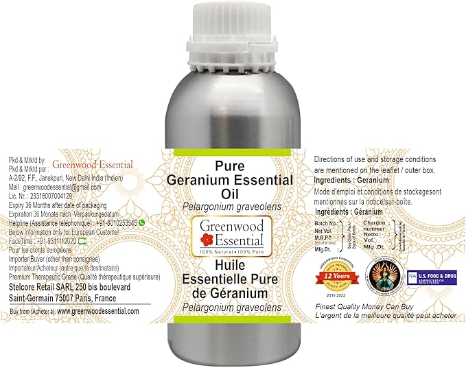 Greenwood Essential Pure Geranium Essential Oil (Pelargonium graveolens) Steam Distilled 1250ml (42.2 oz)