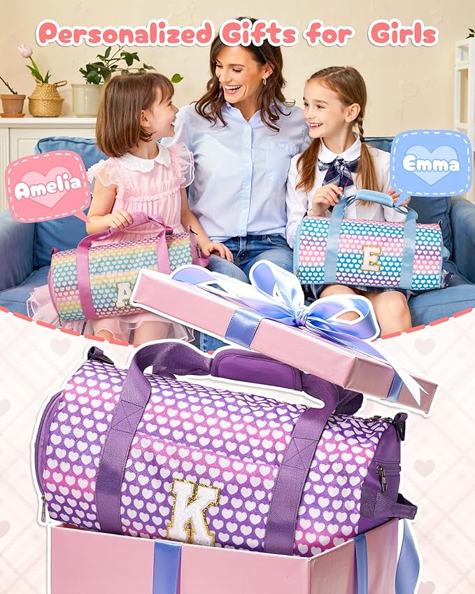 Gift for Teenage Girl, Girls Travel Duffel Bag, Kids Initial Overnight Bags with Shoe Compartment, Personalized Gym Ballet Dance Bag with Makeup Pouch, Sister Birthday Gifts (Letter J)