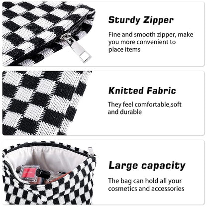 ZLFSRQ 3Pcs Checkered Makeup Bag for Women Large Small Checkered Cosmetic Bag Set Aesthetic Preppy Pencil Case Cute Pencil Pouch Black Makeup Pouch for Purse Travel Toiletry Bags Zipper Skincare Bags