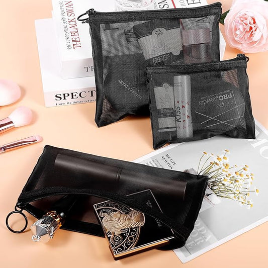 8 Pack Mini Zipper Mesh Makeup Bags, Nylon Cosmetic Bags Toiletry Purse Travel Organizer Bags Inside Bag for Office Travel Organization (Black, S)