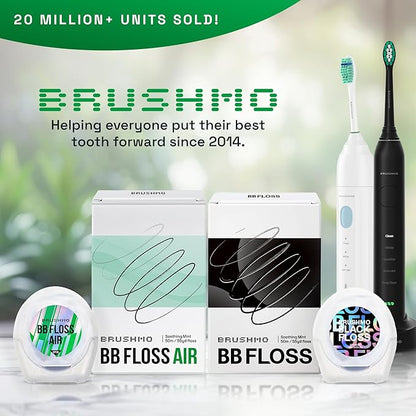 Brushmo Black Floss Air (BB Floss Air) - Ultra Soft & Thin Expanding Gum-Friendly Soothing Mint Dental Floss, Natural Wax Helps Remove Plaque from Teeth, US-Dentist Designed PTFE & PFAS Free, 55 yd