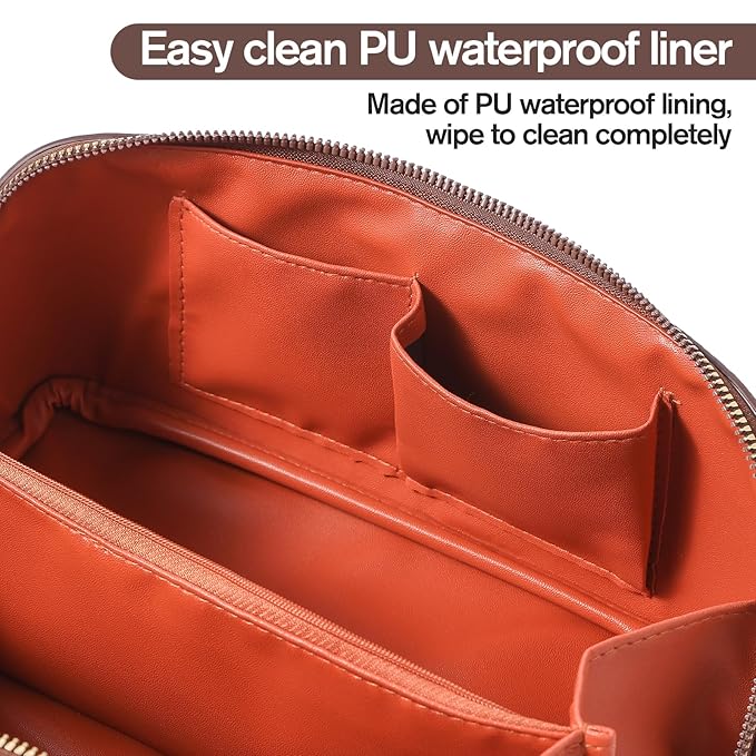 Makeup Bag, Travel Toiletry Bag for Women, Large Capacity Waterproof PU Leather Cosmetic Bags Make Up Organizer Bags with Headband and Wristband Set (Light Brown, Lychee)