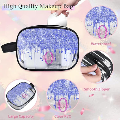 Personalized Name Clear Makeup Bag, Custom Women Transparent Cosmetic Travel Toiletry Bag Pouch Organizer for Vacation Weekend, Bright Blue Curtain Glittery