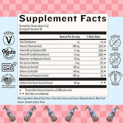 Legendairy Milk She’s Electric – Cola Flavor, Energy Powder Clean Energy Hydration Powder - Sugar Free - Calorie Free - Vitamin B6 & Vitamin B12 - Green Tea Extract - Beverage, Drink Mix