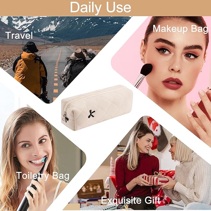 Cute Floral Cotton Makeup Brush Cosmetic Bag for Women, Travel Quilted Zipper Make Up Bag, Flowers Toiletry Organizer Case Kawaii Makeup Cosmetic Travel Cloth Pouch (Beige)