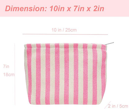 Makeup Bag Large Cotton Zipper Pouch for Purse Travel Canvas Make Up Organizer for Women Cosmetic,Stripe Pink