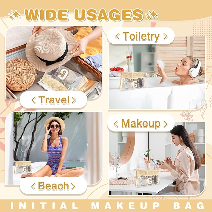 Personalized Initial Letter Bag Boho Straw Clear Makeup Bag,Small Cute Chenille Varsity Letter Bag With Zipper,Beach Travel Toiletry Bag,Portable Monogrammed Cosmetic Bag for Women Girls,G