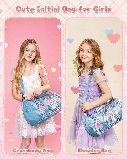 8 Year Old Girl Birthday Gifts, Girls Travel Duffel Bag, Kids Initial Overnight Bags with Shoe Compartment, Initial Duffle Bag with Makeup Pouch, Stocking Stuffers for Kid (Letter D)