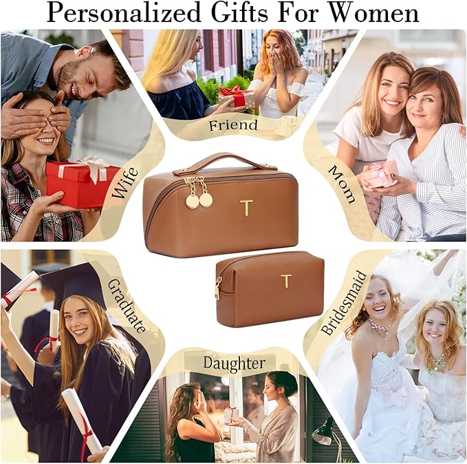Birthday Gifts for Women Teen Girl, Personalized Initial Makeup Organizer Bag Set, Open Flat Travel Cosmetic Bag With Clear Divider and Handle(Brown,T)