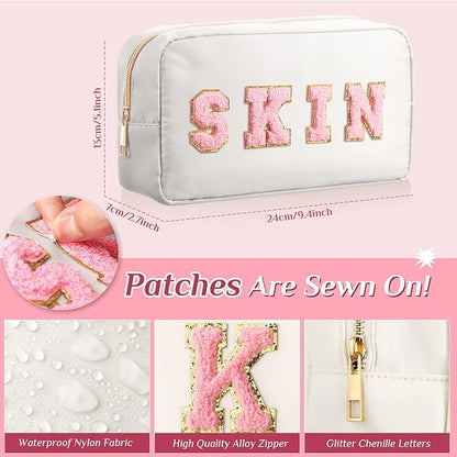 Remerry 4 PCS Nylon Cosmetic Bags Waterproof Spacious Travel Makeup Organizer for Women Chenille Letter Preppy Zipper Pouch Face Stuff Skin Hair Organizer Gift(Rose Red, Pink, Light Pink, White)