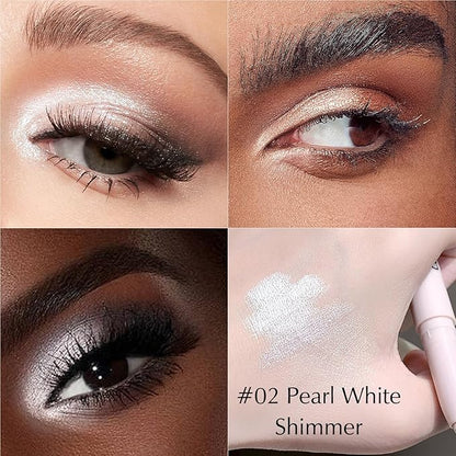 Pearl White Eyeshadow Stick, Shimmer Cream Eyeshadow Long-Lasting Eye Brightener Stick High Pigmented Glitter Highlighter Makeup Pencil Crayon with Blending Brush & Built-in Sharpener