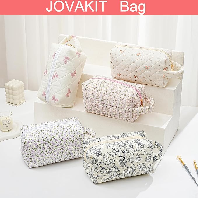 JOVAKIT Travel Makeup Bag Cosmetic Bag for Women, Christmas Gifts, Small Floral Flowers Coquette Toiletry Bag with Handle, Zipper Make Up Pouch Organizer Bag Trendy Stuff (Blue Bowknot)