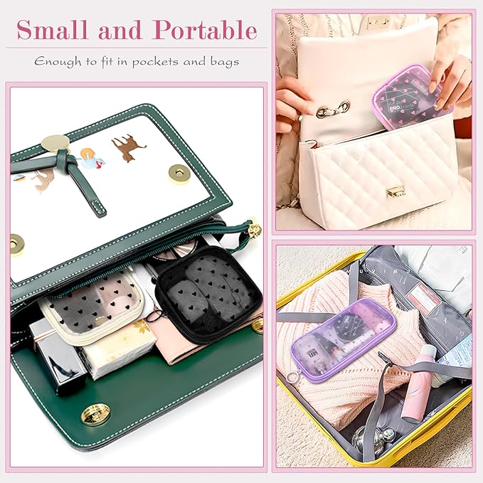 4 Pieces Mini Zipper Nylon Mesh Pouch, Mesh Cosmetic Bags Makeup Bags, Multipurpose Travel Toiletry Bags for Office Supplies and Travel Accessories (Heart Print-Black, S)