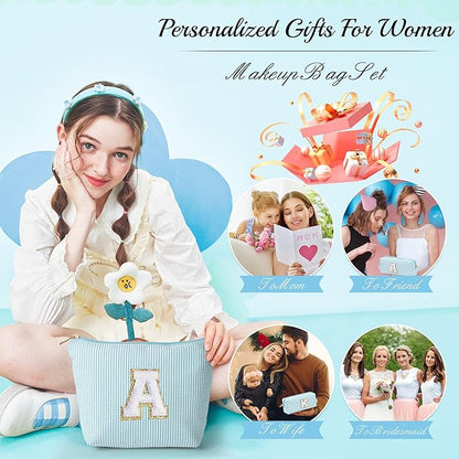 YOOLIFE Cute Makeup Bag for Girls Women - Cosmetic Bags for Teen Girl | Personalized Gifts for Women Her | Bridal Shower Gifts | Birthday Gifts for 3 4 5 6 7 8 9 10 11 12 13 Year Old Girls Initial A