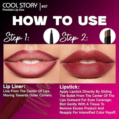 COOL STORY 2 Piece Lip Liner and Lipstick Set, Long Lasting Formula, Professional Makeup Kit (07)