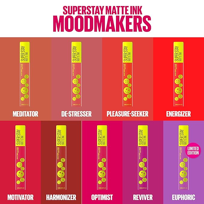 Maybelline Super Stay Matte Ink Liquid Lip Color, Moodmakers Lipstick Collection, Long Lasting, Transfer Proof Lip Makeup, Optimist, Pink, 1 Count