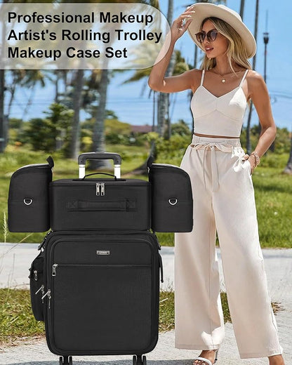 Relavel Rolling Makeup Case–Professional Makeup Train Case,Makeup Artist Travel Bag with Wheels,8-in-1 Portable Travel Beauty Trolley Case for Cosmetology Storage(Black)