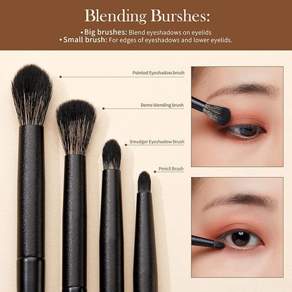 Jessup Eyeshadow Brush Set, 10Pcs Eye Makeup Brushes Professional for Blending Eye Shadow Liner Crease, Duo-end Brow Brush, Elegant Black T337