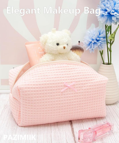 Cozy Makeup Bag Travel Cosmetic Bag for Women Soft Toiletry Bag Aesthetic Makeup Organizer Portable Large Zipper Pouch for Skincare Beauty Accessories Brushes Waffle Check Light Pink