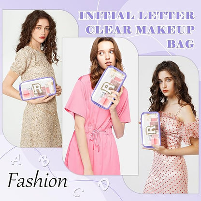 Personalized Initial Letter Clear Makeup Bag,Preppy Small Nylon&PVC Cosmetic Zipper Bag with Chenille Letter,Travel Skincare Toiletry Bag,Monogram Christmas Gift for Teen Girls Women,R
