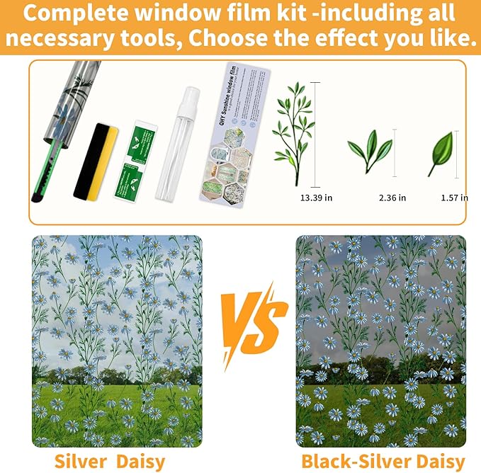 One Way Privacy Film, Window Tint for Home,Daytime Reflective, Anti UV Static Cling Sliding Door Coverings No Glue Garage Solar Paper (Silver -Daisy, 23.6 x 157.4 in)