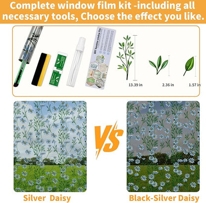 One Way Privacy Film, Window Tint for Home,Daytime Reflective, Anti UV Static Cling Sliding Door Coverings No Glue Garage Solar Paper (Black - Silver-Daisy, 23.6 x 157.4 in)