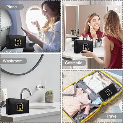 Small Travel Initial Preppy Makeup Bag, Personalized Black Cute Cosmetic Organizer Chenille Letter Toiltery Zipper Pouch for Purse, Waterproof Makeup Storage Gifts for Female Teacher Friend(Letter R)
