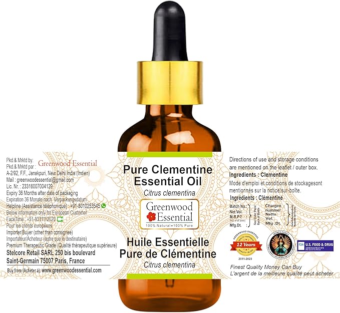 Greenwood Essential Pure Clementine Essential Oil (Citrus Clementina) with Glass Dropper Steam Distilled 50ml (1.69 oz)
