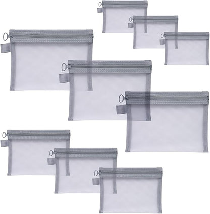 Quotidian Flat Clear Mesh Zipper Pouch Gray Makeup Brush Bag Travel Organizer 3-Size Pack of 9 - Vacation Gym Everyday Carry School