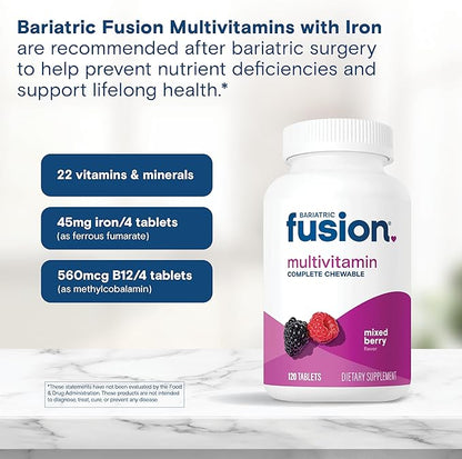 Bariatric Fusion Mixed Berry Complete Chewable Bariatric Multivitamin For Bariatric Surgery Patients Including Gastric Bypass and Sleeve Gastrectomy, 120 Tablets