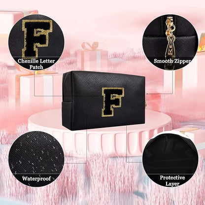 Small Personalized Letter Makeup Bag, Cute PU Leather Chenille Letters Cosmetic Bag Travel Makeup Pouch, Preppy Travel Organizer Zipper Pouch for Women&Girls（Black-F）