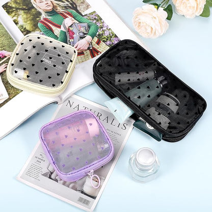 4 Pieces Mini Zipper Nylon Mesh Pouch, Mesh Cosmetic Bags Makeup Bags, Multipurpose Travel Toiletry Bags for Office Supplies and Travel Accessories (Heart Print-Black, S)