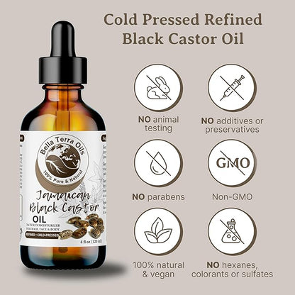 Bella Terra Oils - Black Castor Oil for Face 4oz - A Treasure of Vitamins & Ricinoleic Acid, For Radiant Skin Complexion