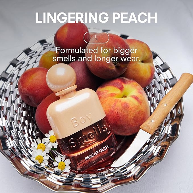 Boy Smells Peachy Oudy Eau de Parfum – Peach, Mimosa, Marigold and White Oud Scent – Fruity Woody Unisex Perfume – Everyday Body Fragrance – Signature Glass Spray Bottle – 50ml