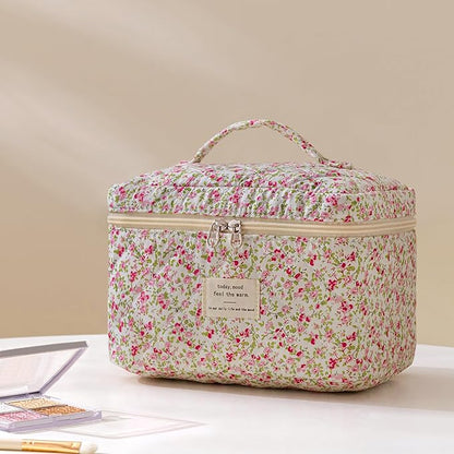 HBselect Quilted Makeup Bag, 3PCS Cotton Large Travel Makeup Bag, Cute Floral Coquette Make up Bag Cosmetic Bag Toiletry Bag for Women Girls
