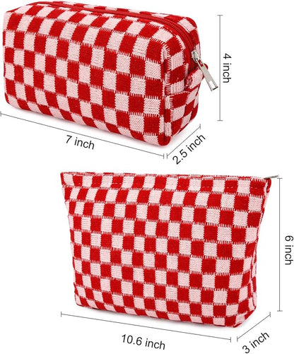 SOIDRAM 2 Pcs Checkered Makeup Bag Large Cosmetic Bag Toiletry Bag Makeup Pouch Travel Bag Organizer Cute Makeup Brushes Aesthetic Accessories Storage Bag for Women Red