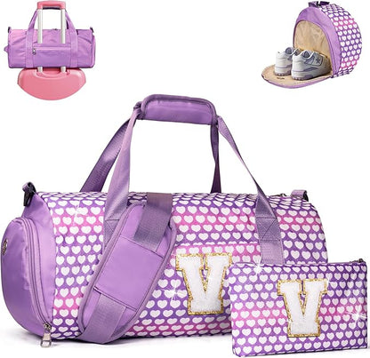 Tween Girl Gifts Trendy Stuff, Girls Travel Duffel Bag, Kids Initial Overnight Bags with Shoe Compartment, Personalized Gym Ballet Dance Bag with Makeup Pouch, Gift for Teenager (Letter V)