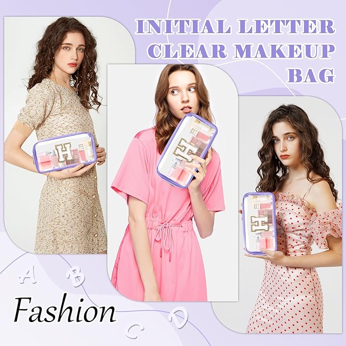 Personalized Initial Letter Clear Makeup Bag,Preppy Small Nylon&PVC Cosmetic Zipper Bag with Chenille Letter,Travel Skincare Toiletry Bag,Monogram Christmas Gift for Teen Girls Women,H