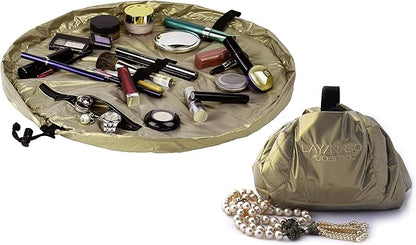 Lay-n-Go Cosmo Drawstring Cosmetic & Makeup Bag Organizer - Portable Drawstring Bag w/Zipper Pocket, Makeup Loops & More - Durable, Machine Washable Toiletry Bag for Travel (20", Metallic Gold)