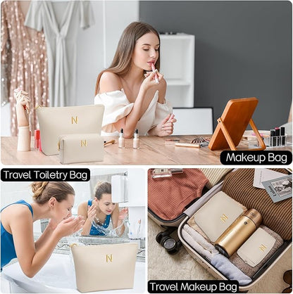 Women Gifts | Initial Makeup Bag Set for Girl Personalized Gifts for Bridesmaid Friend Graduation Teachers PU Leather Cosmetic Travel Toiletry Bag(Beige,N)
