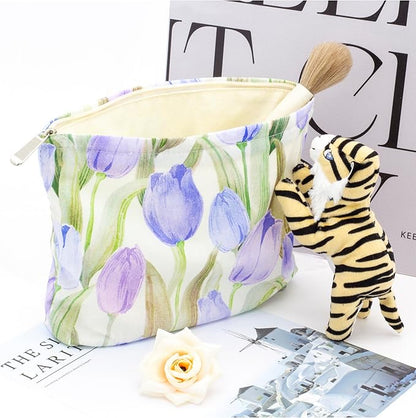 PAZIMIIK Floral Makeup Bag Large Cotton Zipper Pouch for Purse Travel Canvas Make Up Organizer for Women Cosmetic,Tulip Purple