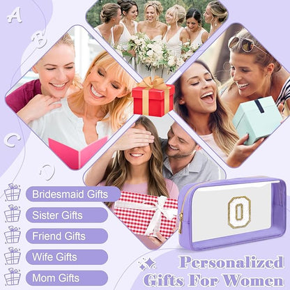 Personalized Initial Letter Clear Makeup Bag,Preppy Small Nylon&PVC Cosmetic Zipper Bag with Chenille Letter,Travel Skincare Toiletry Bag,Monogram Christmas Gift for Teen Girls Women,O