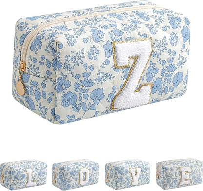 JOVAKIT Alphabet Makeup Bag Cosmetic Bag for Women, Christmas Gifts for Girls Age 6-18, Floral Flowers Coquette Travel Toiletry Zipper Make Up Pouch Organizer Trendy Stuff (Blue Floral Z)