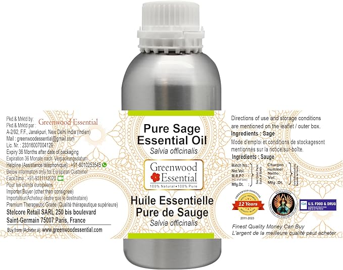 Greenwood Essential Pure Sage Essential Oil (Salvia officinalis) Steam Distilled 630ml (21.3 oz)