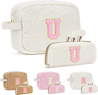 for Christmas Day Gifts, Travel Makeup Bag for Women, Initial Make Up Bag Set for 6 7 8 9 10 11 12 13 Years Old Kids Tween Girls, Large Cosmetic Skincare Bags for Birthday Gifts, White U