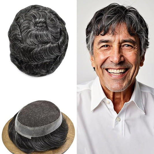 FACE MIRACLE Lace Front Mens Toupee Human Hair System Swiss Lace Center Toupee for Men Thin Skin PU Hair Replacement System V-Looped Mens Hair Wig 7"X9" #1B40 1B# OFF BLACK WITH 40% SYNTHETIC GREY